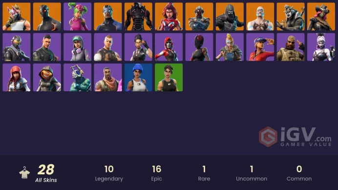 27 skins | Blue Team Leader | Omega (stage 5) | Rogue Agent | Drift | Valor | Carbide | Dire | The Visitor | Ragnarok | Calamity | Enforcer