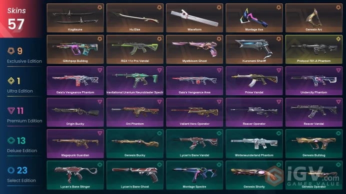 NA | 57 skins | Kogitsune | Protocol 781-A Phantom | Waveform | RGX 11z Pro Vandal | Kuronami Sheriff | Prime Vandal | Reaver Vandal | F7478