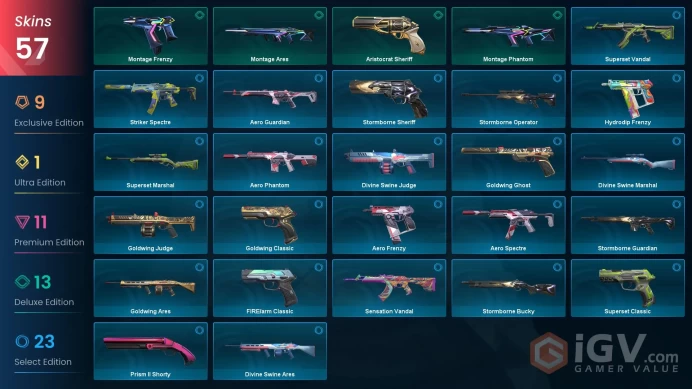 NA | 57 skins | Kogitsune | Protocol 781-A Phantom | Waveform | RGX 11z Pro Vandal | Kuronami Sheriff | Prime Vandal | Reaver Vandal | F7478