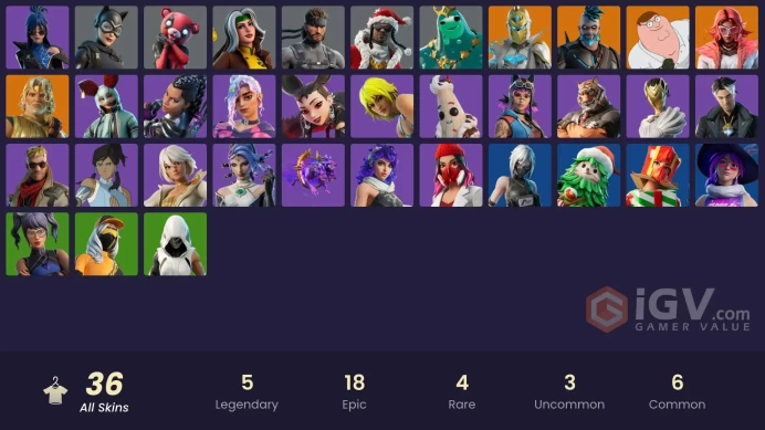 36 skins | Omegarok | Peter Griffin | Spectra Knight | Zeus | Valeria | Poseidon | Rogue | Cuddlepool | Solid Snake | Santa Dogg | Catwoman Zero