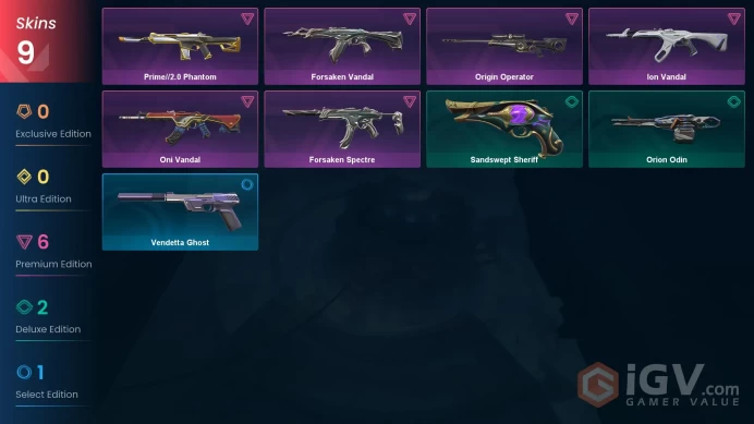 EU | 9 skins | Ion Vandal | Prime//2.0 Phantom | Oni Vandal | Forsaken Vandal | Origin Operator | Forsaken Spectre | Orion Odin | P8548
