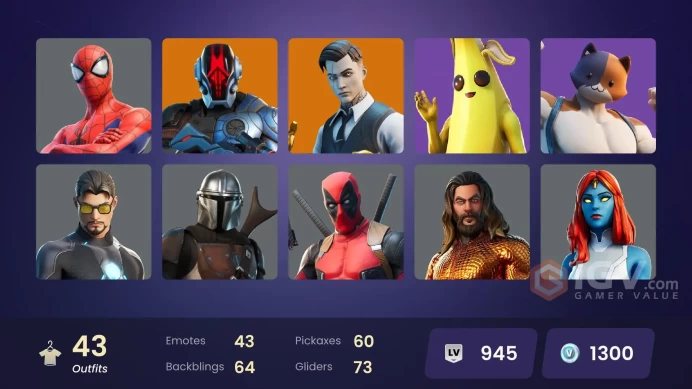 43 skins | Gold Midas | Hybrid | Fade | Gear Specialist Maya | The Foundation | Blackheart | Ronin | Mandalorian | Storm | Deadpool | Tony Stark