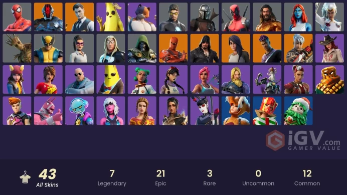 43 skins | Gold Midas | Hybrid | Fade | Gear Specialist Maya | The Foundation | Blackheart | Ronin | Mandalorian | Storm | Deadpool | Tony Stark