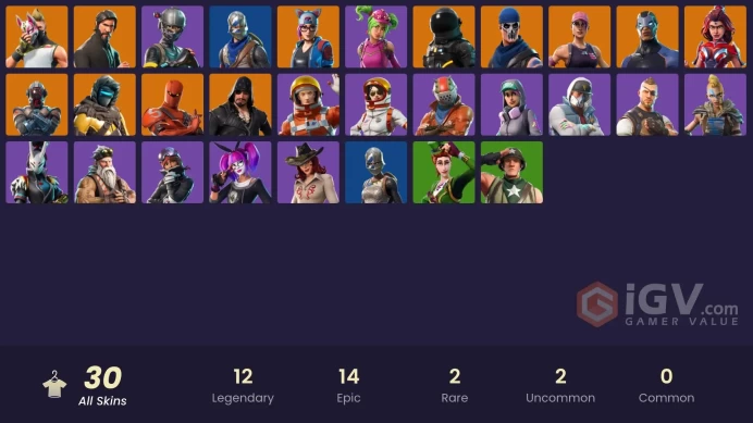 30 skins | The Reaper | Elite Agent | Take The L | Blue Squire | Royale Knight | Ride The Pony | Snowflake | Drift | Hybrid | Valor | Carbide