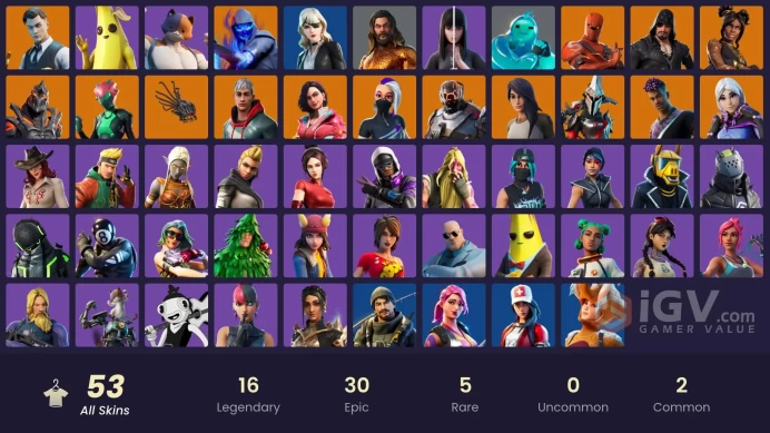 53 skins | Gold Brutus | Gold Midas | The Scientist | Hybrid | Catalyst | Rox | Fade | Fusion | Gear Specialist Maya | Torin | Eternal Knight