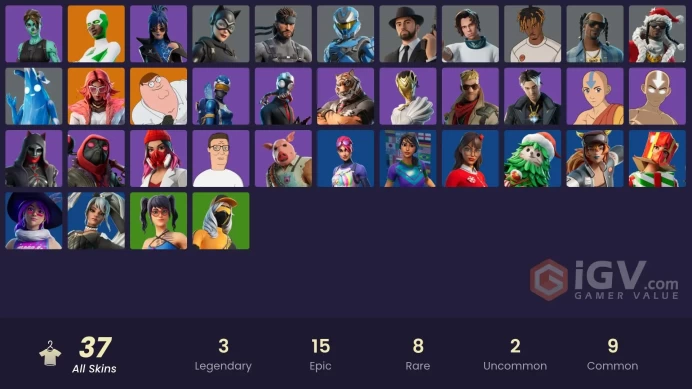 37 skins | Lina Scorch | Peter Griffin | Valeria | Backlash | Polar Peely | UNSC Spartan | Solid Snake | Rubius | Santa Dogg | Slayer Juice WRLD