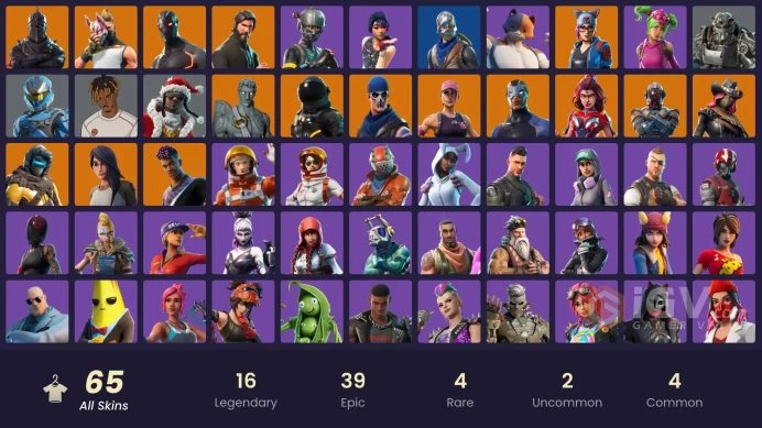 65 skins | Black Knight | The Reaper | Elite Agent | Take The L | Floss | Blue Squire | Royale Knight | Omega | Ride The Pony | Mako | Snowflake