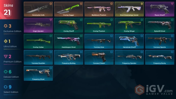 EU Full Access | 21 Skins Xenohunter Knife+Evori Dreamwings Vandal+Mystbloom Phantom+Reaver Sheriff+Origin Operator+more | Gold 1 Last Rank