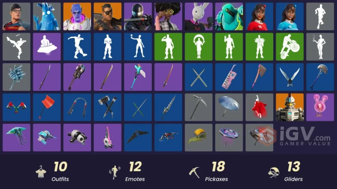  PC/PSN/XBOX  10 SKINS  Joey  Kymera  Clark Kent  Guggimon  Polar Peely  Zyg  300 VBUCKS  FFSrI 