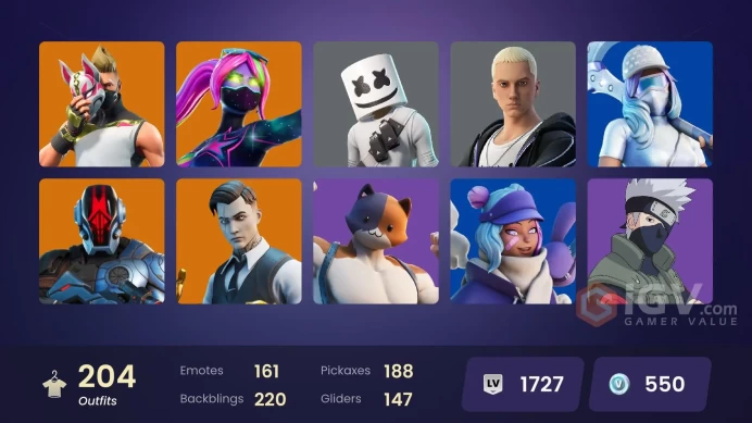 FA | 204 skins | Gold Brutus | Gold Midas | Game Knight | Snake Eyes | Naruto Uzumaki | Hybrid | The Imagined | Joey | Kymera | Driftwalker