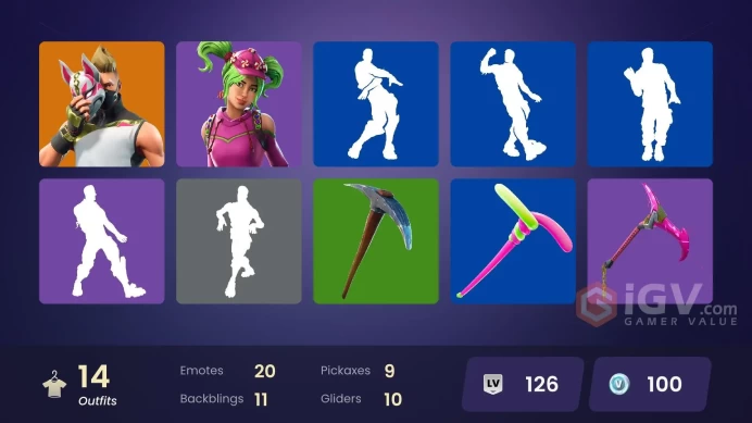 14 skins | Tidy | Rogue Agent | Drift | Chomp Sr. | Valor | Carbide | Teknique | Zoey | Sun Strider | Tomatohead | Battlehawk | Wingman