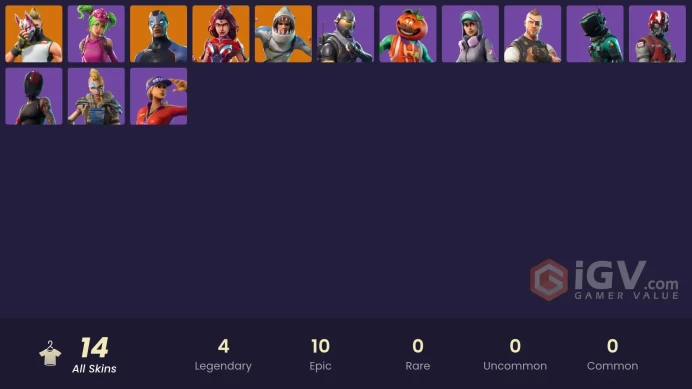 14 skins | Tidy | Rogue Agent | Drift | Chomp Sr. | Valor | Carbide | Teknique | Zoey | Sun Strider | Tomatohead | Battlehawk | Wingman