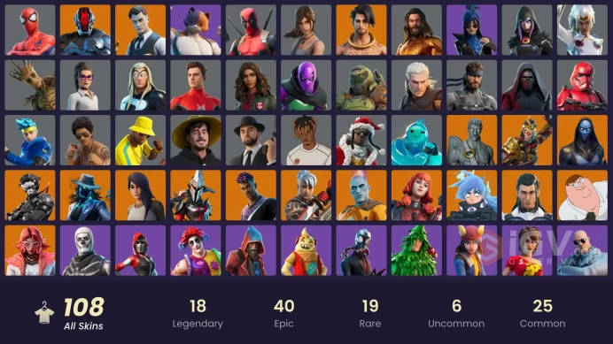 108 skins | Gold Brutus | Gold Midas | Game Knight | Shady Doggo | Raz | Eternal Knight | The Origin | Nezumi | Peter Griffin | The Imagined