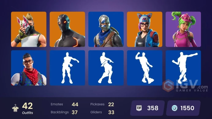 42 skins | Floss | Blue Squire | Royale Knight | Omega | Ride The Pony | Mako | Snowflake | Blue Team Leader | Prodigy | Rogue Agent