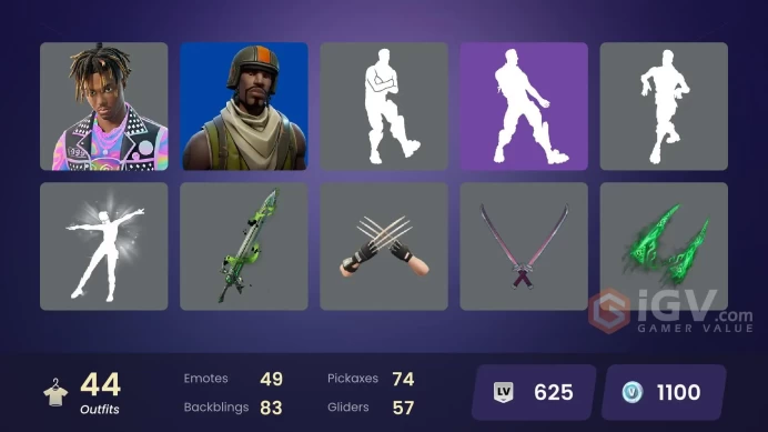  PC/PSN  44 SKINS  Lara Croft (2000s)  Felina  The Bride  Emma Frost  Gwenpool  1100 VBUCKS  FJ9kB 