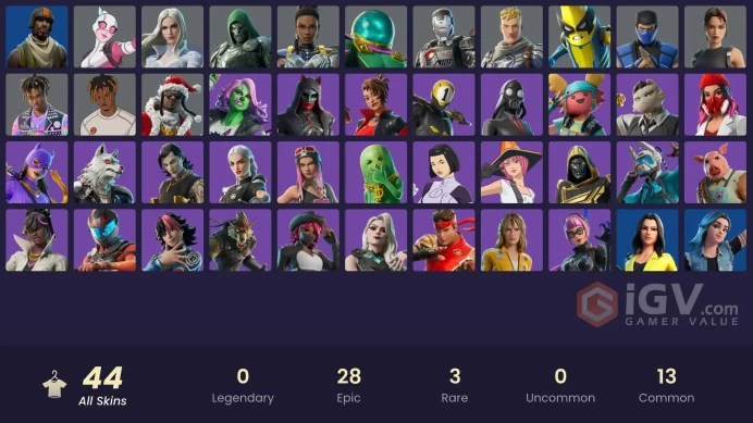  PC/PSN  44 SKINS  Lara Croft (2000s)  Felina  The Bride  Emma Frost  Gwenpool  1100 VBUCKS  FJ9kB 