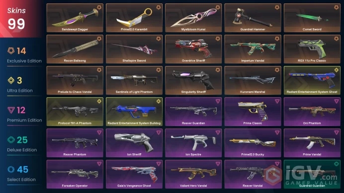 EU 99 skins | Mystbloom Kunai | Prelude to Chaos Vandal | Prime//2.0 Karambit | Kuronami Marshal | Radiant Entertainment System Ghost | Radiant