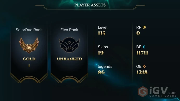  LAN  19 SKINS  GOLD 1  86 CHAMPIONS  115 LEVEL  INSTANT DELIVERY  FULL ACCESS  FJKCd 