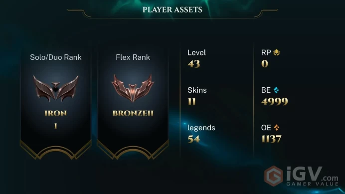  LAN  12 SKINS  IRON 1  54 CHAMPIONS  43 LEVEL  INSTANT DELIVERY  FULL ACCESS  FJPTn 