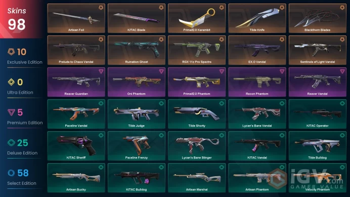 EU | 98 Skins | Blackthorn Blades | Prime//2.0 Karambit | EX.O Vandal | Sentinels of Light Vandal | Prelude to Chaos Vandal | RGX 11z Pro Spectr