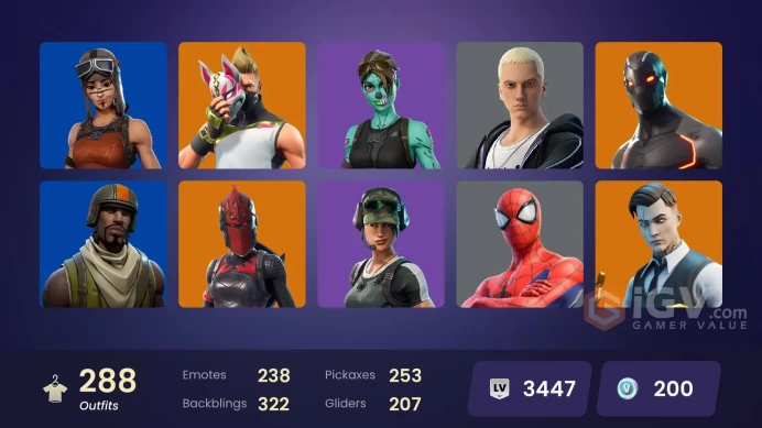 FA | 287 skins | OG STW | Renegade Raider | Aerial Assault Trooper | Gold Brutus | Omega (stage 5) | WORLD CUP | Gold Midas | Trailblazer