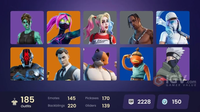 (PC PSN XBOX) 185 skins | Travis Scott | CHUN-LI / NEO VERSA / LARA CROFT / GALAXIA / HARLEY QUINN / Gold Meowscles | Gold Brutus | Gold TNTina 