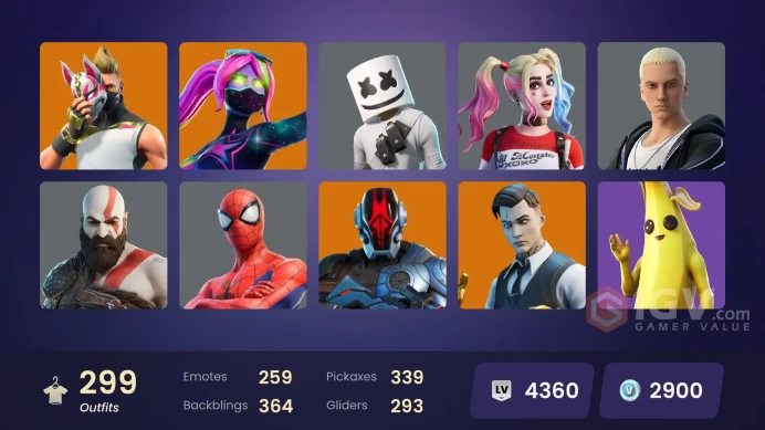 299 skins | Eon | Leviathan Axe | Take The L | Ride The Pony | Kratos | Blue Team Leader | Gold Meowscles | Gold Brutus | Gold TNTina