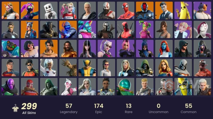 299 skins | Eon | Leviathan Axe | Take The L | Ride The Pony | Kratos | Blue Team Leader | Gold Meowscles | Gold Brutus | Gold TNTina