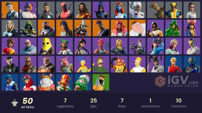 50 skins | Gold Brutus | Gold Midas | Point Patroller | Cloud Striker | Trilogy | The Scientist | Fade | Peter Griffin | Gear Specialist Maya