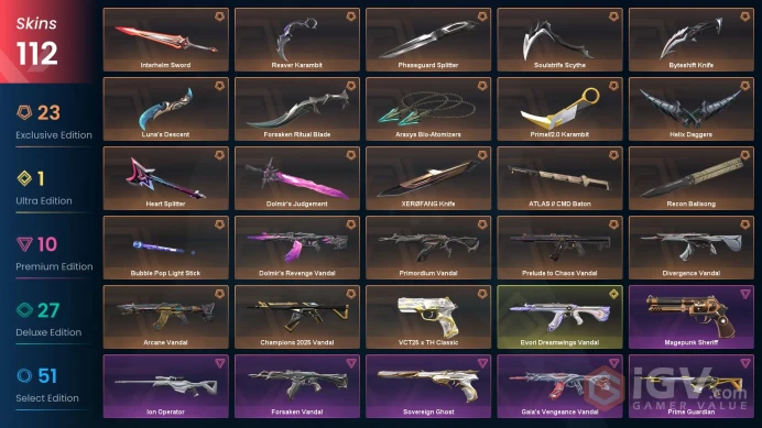 VALORANT EU SERVER 112 SKİNS (+16 KNİFE,DOLMİRS REVENGE PACKED,PHASEGUARD+EVORİ+ARCANE+DİVERGENCE+CAHMPİONS 2025 VNDLS)AUTO DELIVERY FULL ACCESS