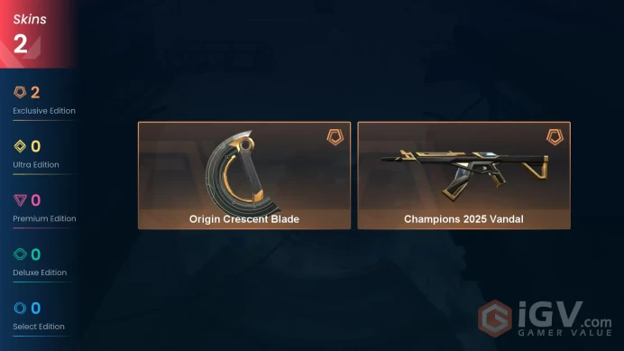 EU | 24 LVL | 5 Ag | 75 VP | 2 skins | Champions 2025 Vandal | Origin Crescent Blade |	V0058