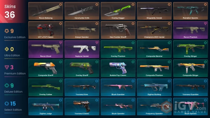 EU / 36 skins / Champions 2023 Vandal / Xenohunter Knife / Recon Phantom / Recon Balisong / Singularity Vandal / V37