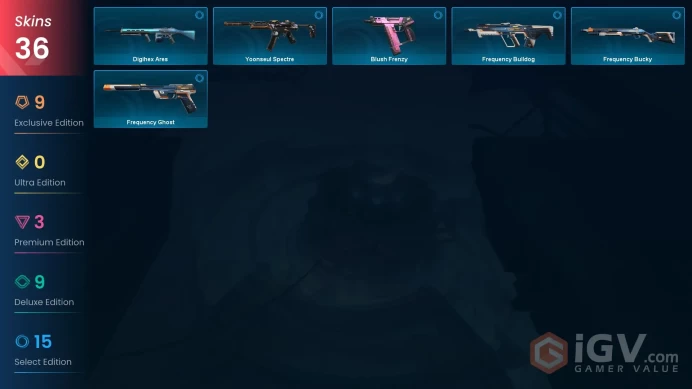 EU / 36 skins / Champions 2023 Vandal / Xenohunter Knife / Recon Phantom / Recon Balisong / Singularity Vandal / V37