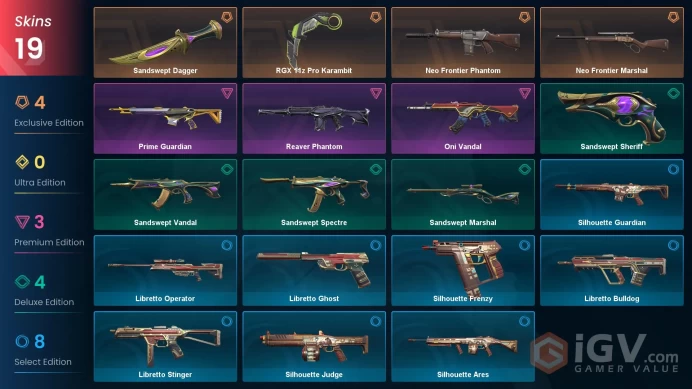 EU / 19 skins / RGX 11z Pro Karambit / Neo Frontier Phantom / Oni Vandal / Reaver Phantom / Neo Frontier Marshal /