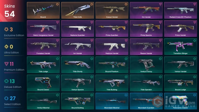 EU / 54 skins / Araxys Vandal / Prime Vandal / Forsaken Vandal / Ion Vandal / Reaver Vandal / Gaia's Vengeance Vandal / V39