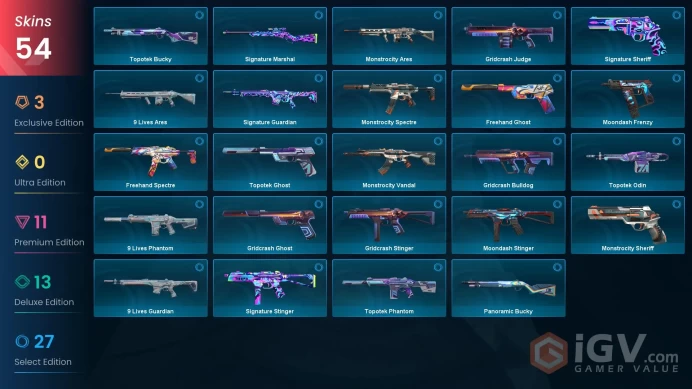 EU / 54 skins / Araxys Vandal / Prime Vandal / Forsaken Vandal / Ion Vandal / Reaver Vandal / Gaia's Vengeance Vandal / V39