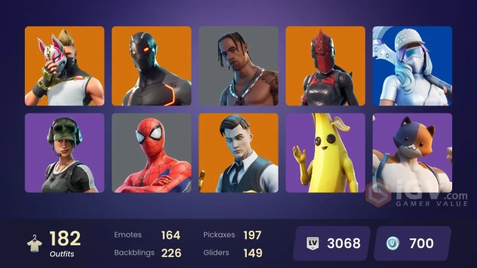 FA | 182 skins | Leviathan Axe | Travis Scott | Gold Brutus | Gold Midas | Trailblazer | Rogue Agent | Spider Knight | Hybrid | The Ice King