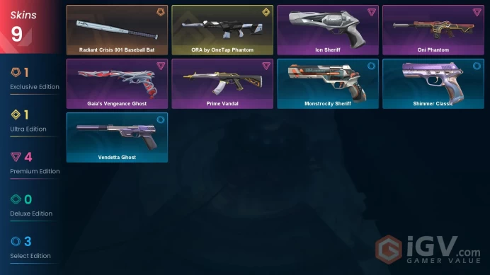 AP 9 skins 1 knifes | ORA by OneTap Phantom | Radiant Crisis 001 Baseball Bat | Oni Phantom | Ion Sheriff | Gaia's Vengeance Ghost | V0292