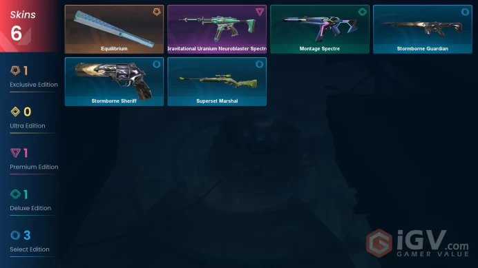 NA 6 skins | Equilibrium | Gravitational Uranium Neuroblaster Spectre | Montage Spectre | Stormborne Sheriff | Stormborne Guardian | V0386
