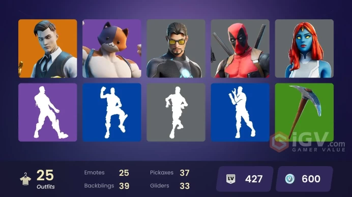 [PC] 25 skins | OG STW | Midas | Meowscles | Fade | Gear Specialist Maya | Storm | Deadpool | Tony Stark | Wolverine | Mystique | Groot | 600 VB