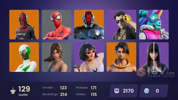 [PC] 129 skins | Lara Croft | Backlash | Spider-Man | Peter Griffin | Snake Eyes | Lina Scorch | Joey | Kymera | Omegarok | 0 VB