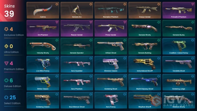 AP | 39 skins | Araxys Vandal | Ruination Phantom | Prime Vandal | Reaver Vandal | Catrina | Genesis Arc | Oni Phantom | Q1790