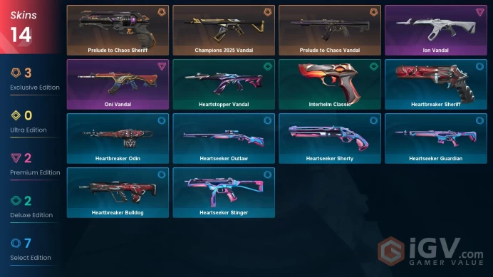 EU | 14 skins | Champions 2025 Vandal | Prelude to Chaos Vandal | Ion Vandal | Oni Vandal | Prelude to Chaos Sheriff | Interhelm Classic | G1989
