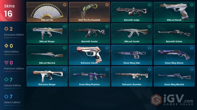 NA | 16 skins | RGX 11z Pro Karambit | SilkLeaf Fan | SilkLeaf Vandal | Byteshift Vandal | SilkLeaf Stinger | Byteshift Judge | O2033