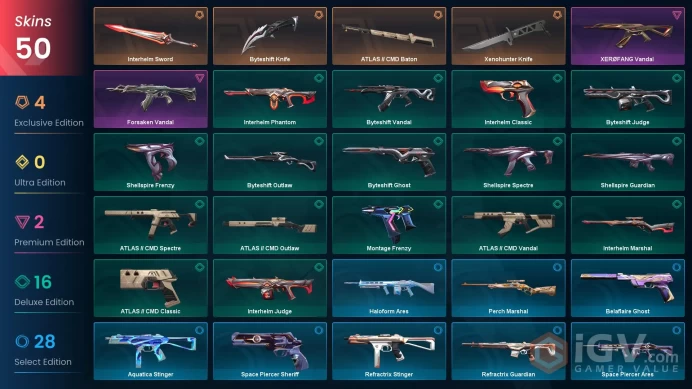 EU | 50 skins | Xenohunter Knife | Byteshift Knife | ATLAS // CMD Baton | Interhelm Sword | XERØFANG Vandal | Forsaken Vandal | A3046