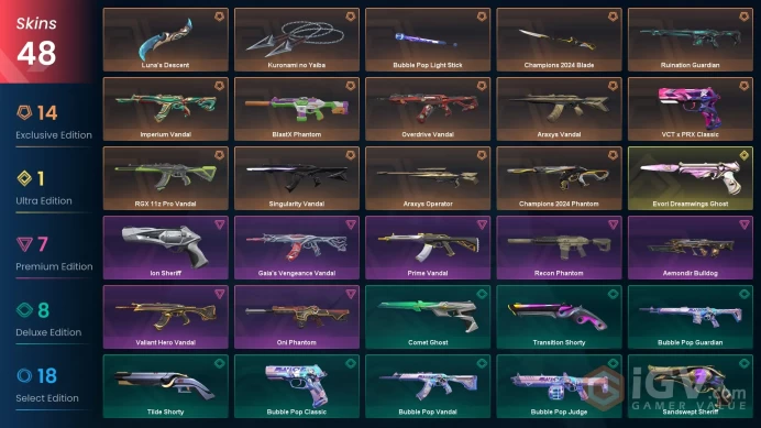 EU 48 skins | Kuronami no Yaiba | Champions 2024 Blade | Champions 2024 Phantom | Evori Dreamwings Ghost | Singularity Vandal | Araxys Vandal | 