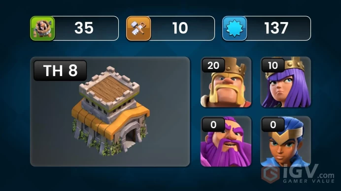 FREE NAME CHANGE TOWNHALL 8 FULL MAX King-20,Queen-1 Lots of magic items Exp 61