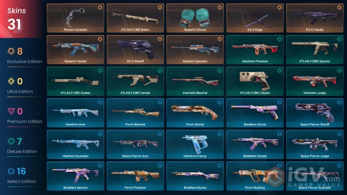 EU Full Access | 31 Skins SplashX Bundle+EX.O Edge+Reaver Karambit+EX.O Vandal+EX.O Sheriff+Interhelm Phantom+more