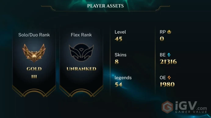  LAN  10 SKINS  GOLD 3  54 CHAMPIONS  45 LEVEL  INSTANT DELIVERY  FULL ACCESS  FL8kz 