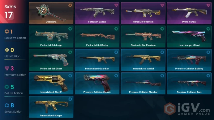EU Full Access | 17 Skins Obsidiana + Prime Vandal + Prime//2.0 Phantom + Forsaken Vandal + more | Bronze 1 Last Rank